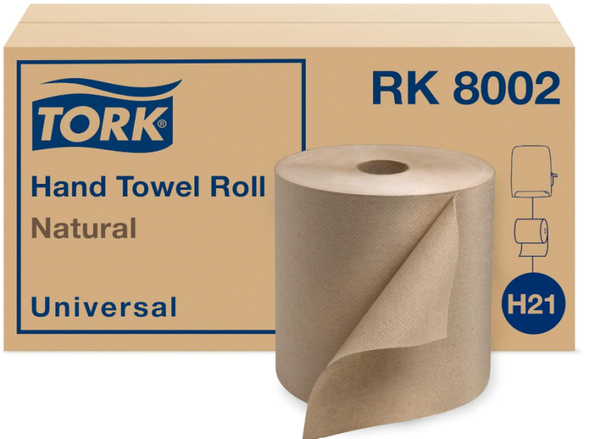 Tork Rollo de toalla de mano de papel natural H21 100% fibra reciclada, ajuste universal, 6 rollos x 800 pies