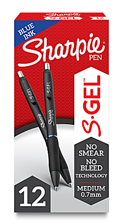 Sharpie S Gel Pens, Medium Point, 0.7 mm, Black/Blue Barrel, Blue Ink, Pack Of 12 Pens