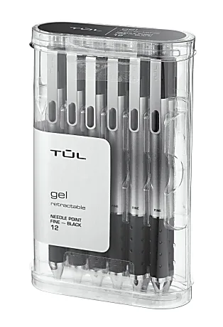 TUL® GL Series Retractable Gel Pens, Needle Point, 0.5 mm, Silver Barrel, Black Ink, Pack Of 12 Pens