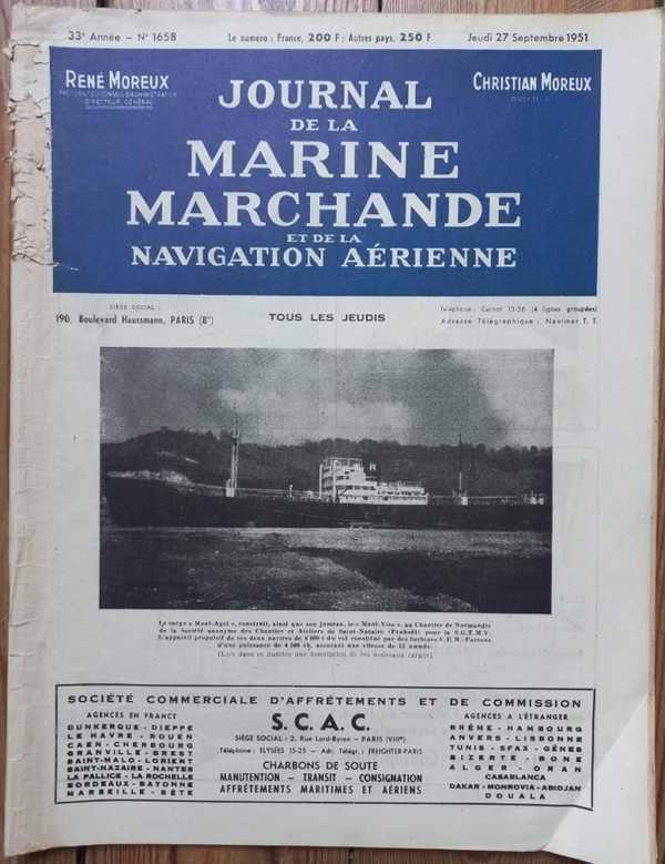 JOURNAL DE LA MARINE MARCHANDE N° 1658 du 27.09.1951