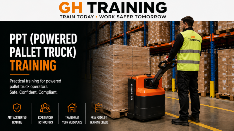 Powered pedestrian pallet truck operator training at a warehouse