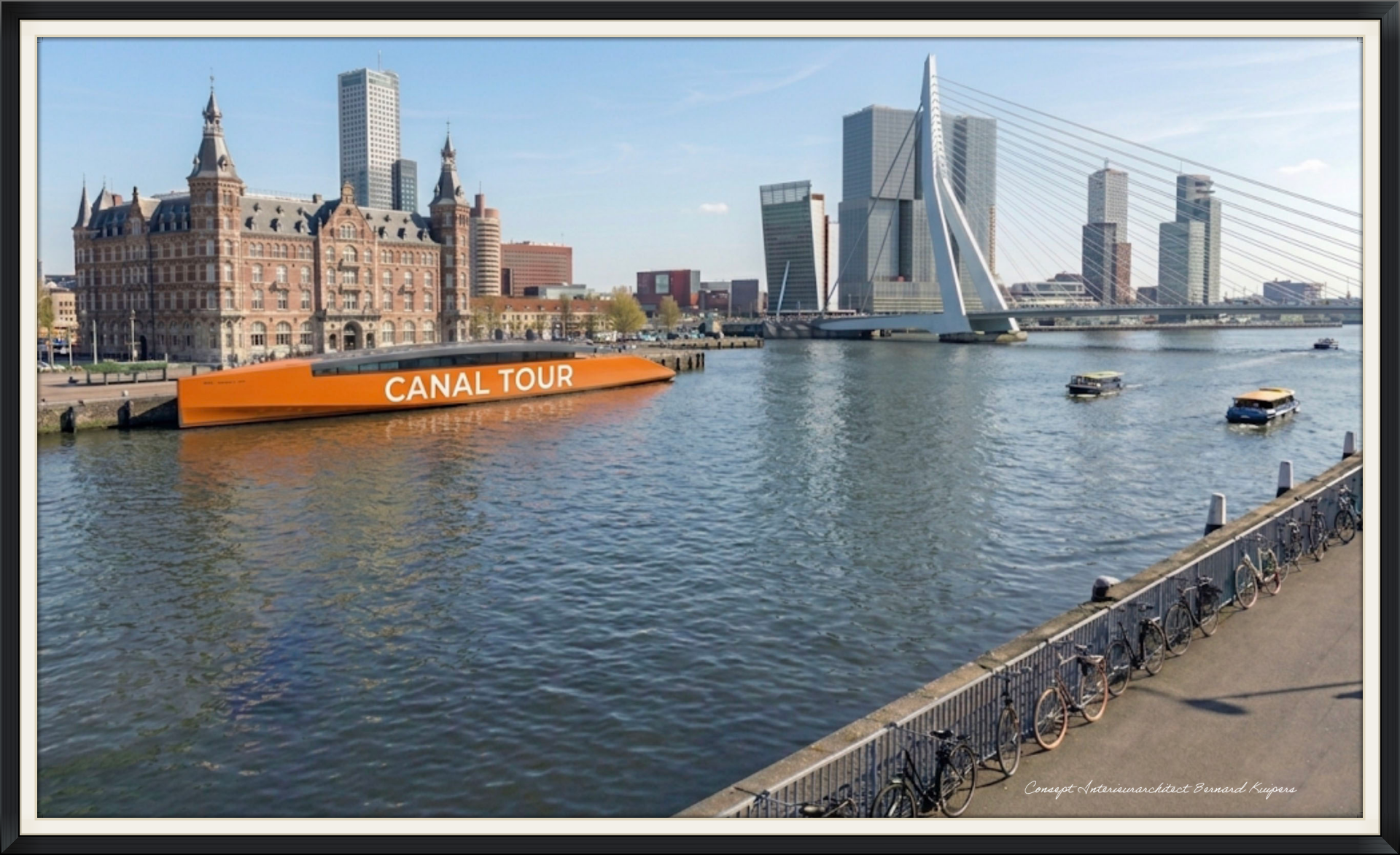Bewonder het gedurfde oranje concept jacht van Interieurarchitect Bernard Kuipers tegen de achtergrond van de Rotterdamse skyline. Waar historie en modern design samenkomen.