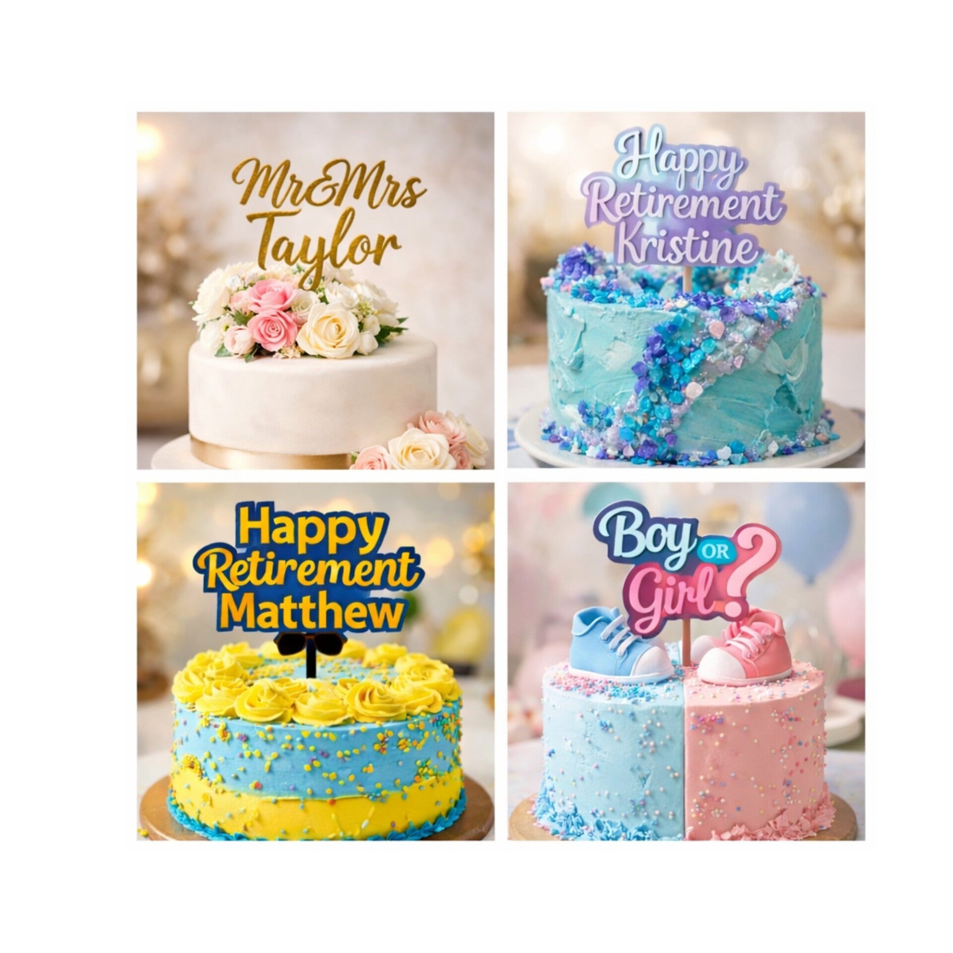 Personalised cake toppers for every celebration. Our custom acrylic cake toppers are perfect for weddings, retirements, birthdays and gender reveal parties. Each cake topper is made to order using high-quality acrylic and designed to make your celebration