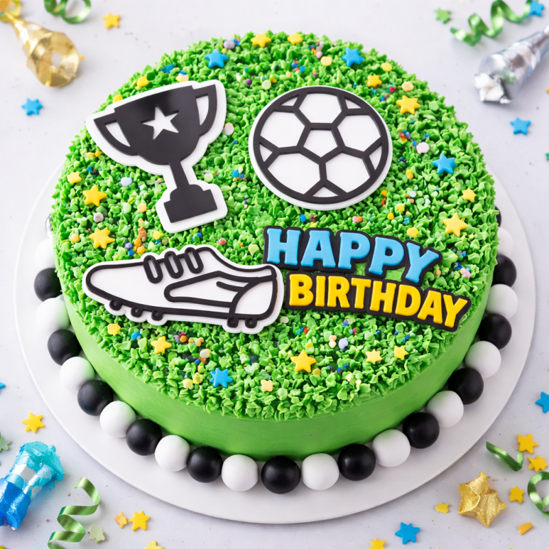 Football themed birthday cake with personalised cake topper decorations UK