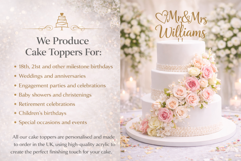 Personalised cake toppers UK including wedding toppers and birthday cake toppers, custom acrylic cake toppers made to order in the United Kingdom.