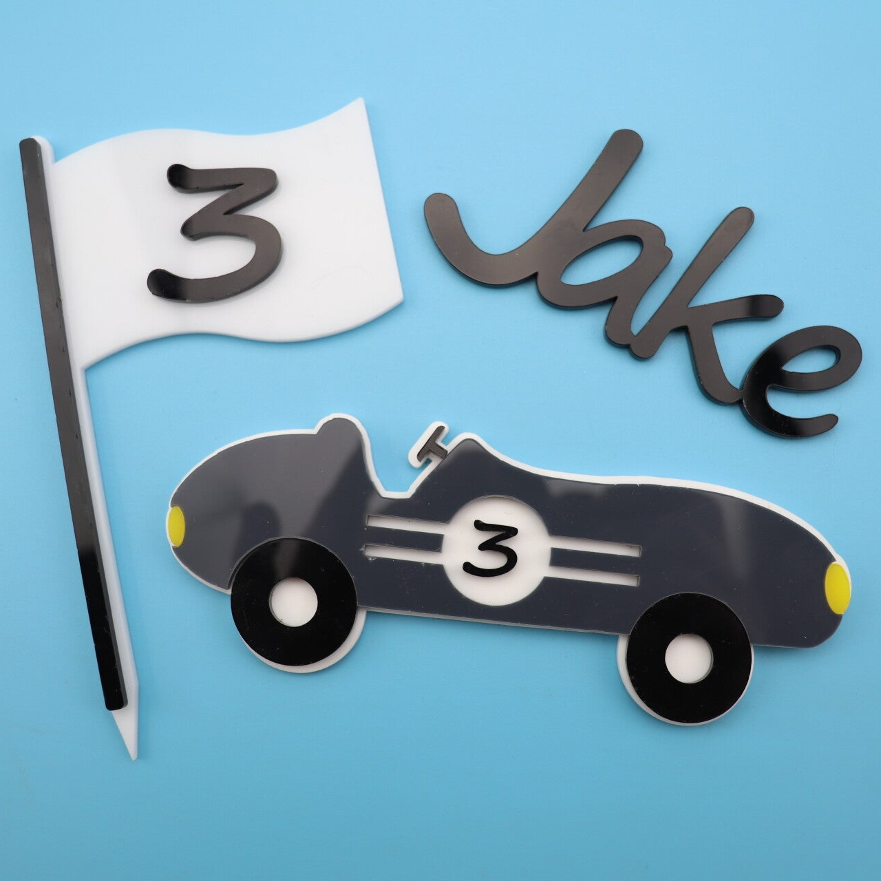 Personalised Racing Car Cake Topper Set – Name & Age Birthday Decoration