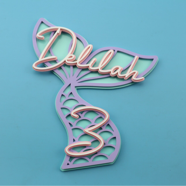 Personalised Mermaid Cake Topper – Mermaid Tail Name & Age Acrylic Cake Decoration