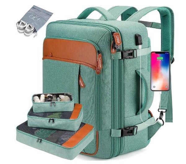 Carry on Backpack, Extra Large 40L Flight Approved Travel Backpack for Men & Women,Expandable Large Suitcase Backpacks With 4 Packing Cubes,Water Resistant Luggage Daypack Business Weekender Bag,Green