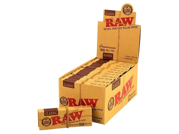 RAW Classic Connoisseur Single Wide Standard Size Rolling Papers With Tips