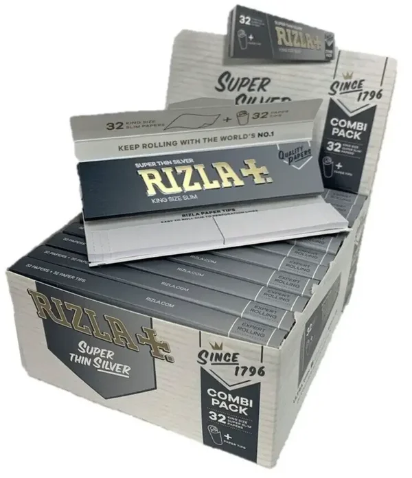 RIZLA SILVER COMBI King Size Slim Smoking Rolling Paper & Roach Tips