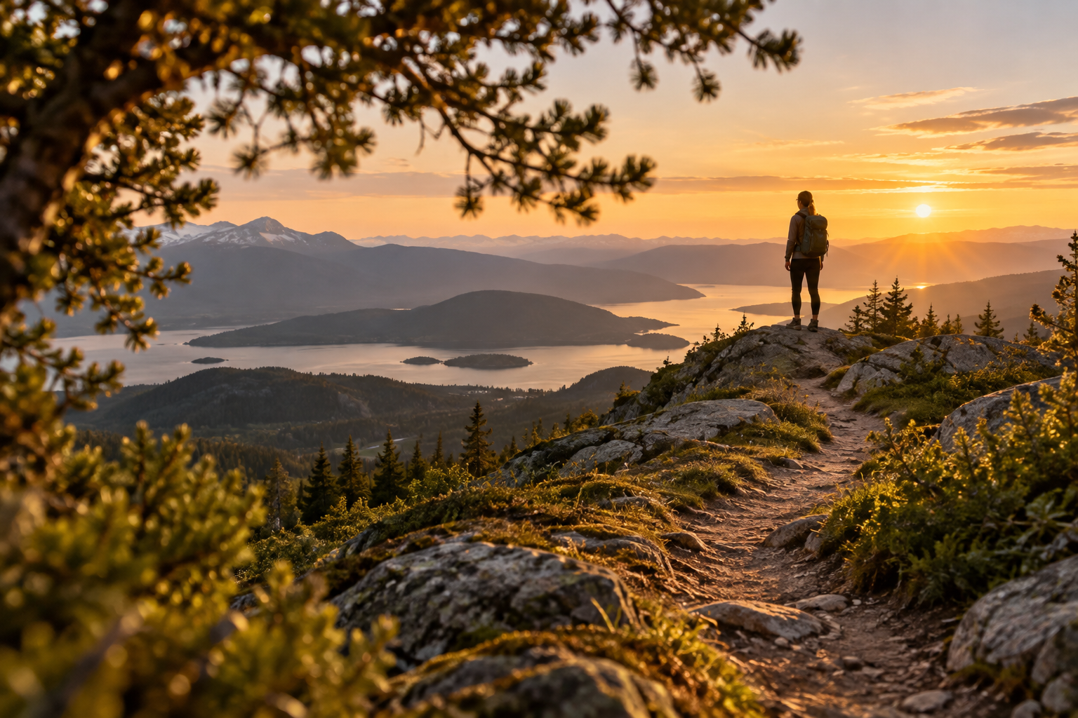 Paysage composé avec un sujet décentré, une ligne directrice et un cadre naturel au premier plan
