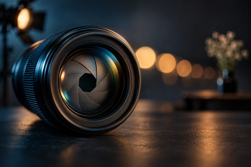 Objectif photographique montrant les lamelles du diaphragme et un arrière-plan avec effet bokeh