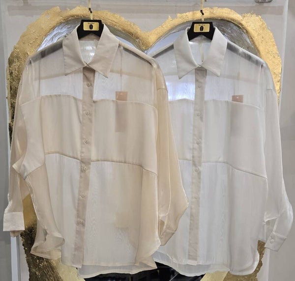 CHEMISE OVERSIZE AMPLE ORGANZA, BANDE ET COL SATIN