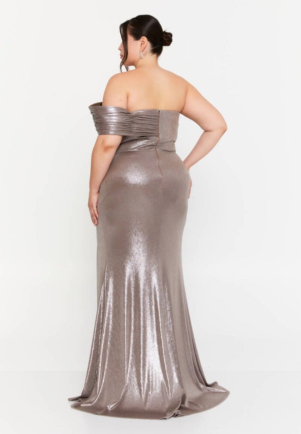 ROBE CESAR EN LAME FOIL GRIS ANTHRACITE AVEC EPAULE ASYMETRIQUE