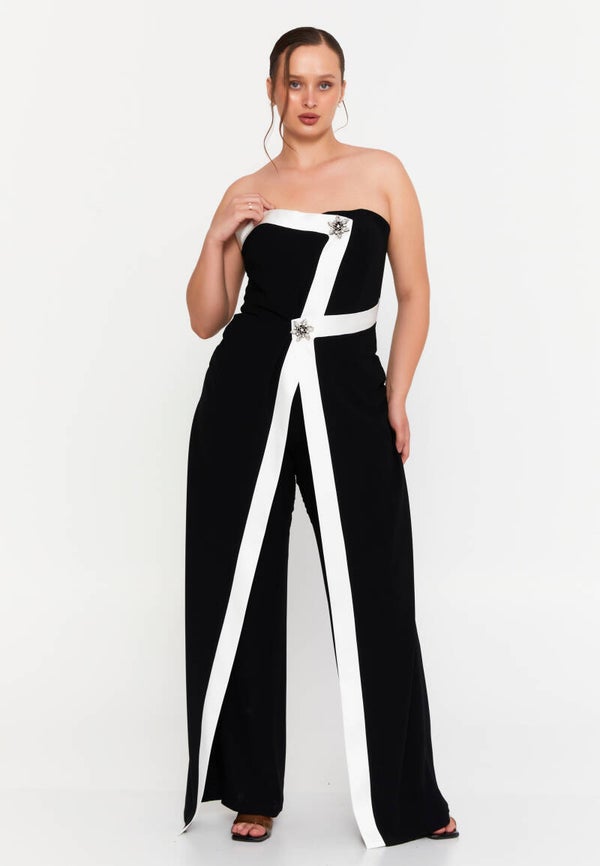 COMBI PANTALON EN CREPE BICOLOR AVEC BROCHES BIJOUX