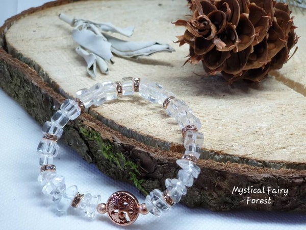 Bracelet de Lithothérapie "Purification" Cristal de Roche et son Arbre de vie en Hématite