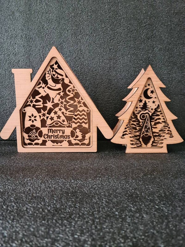 Houten kersthuis - Gnoom + Houten kerstboom Gnoom