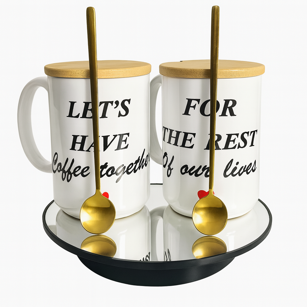 Couple Mug Gift Set | Matching Coffee Mugs with Bamboo Lids & Gold Spoons – Romantic Gift for Him & Her