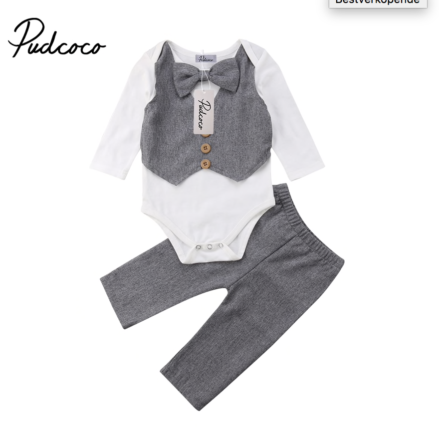 Little Gentleman Kledingset | Feestpakje Baby Boy Grijs Wit - Romper Kostuum feestdagen