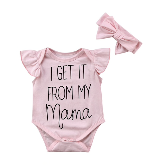 Rompertje I get it from my mama + haarband| Newborn babygirl - 3-6 mnd