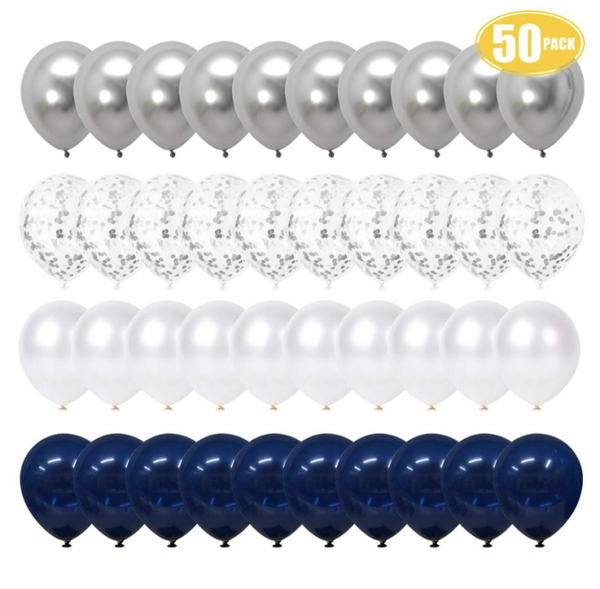 Luxe Chrome Ballonnen Donker Blauw Zilver Wit Confetti - 50 Stuks - MEGA PACK