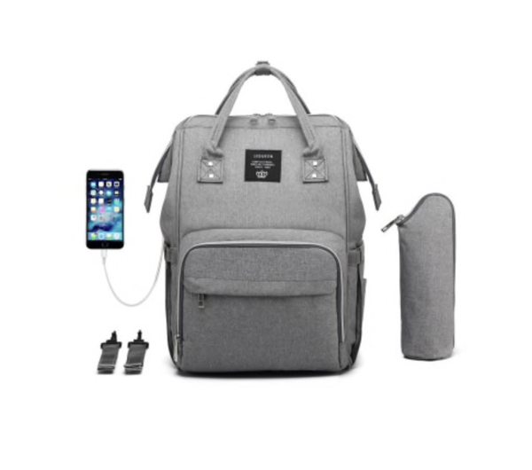 Luiertas Rugzak Grijs - Met Thermoflessenhouder, USB Powerbank +  Extra Kinderwagen Clips