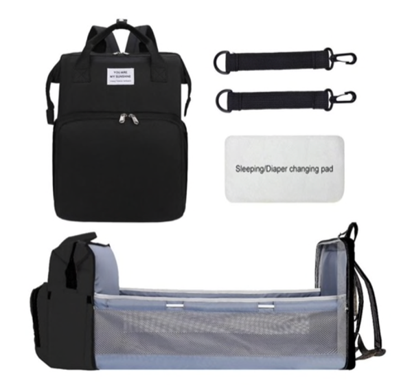 Luiertas Rugzak Zwart - Multifunctioneel opvouwbaar kinderbed + Extra Kinderwagen Clips