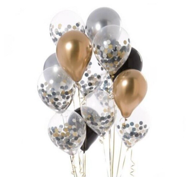 Luxe Ballonnen Zwart Goud Zilver Confetti - 12 Stuks