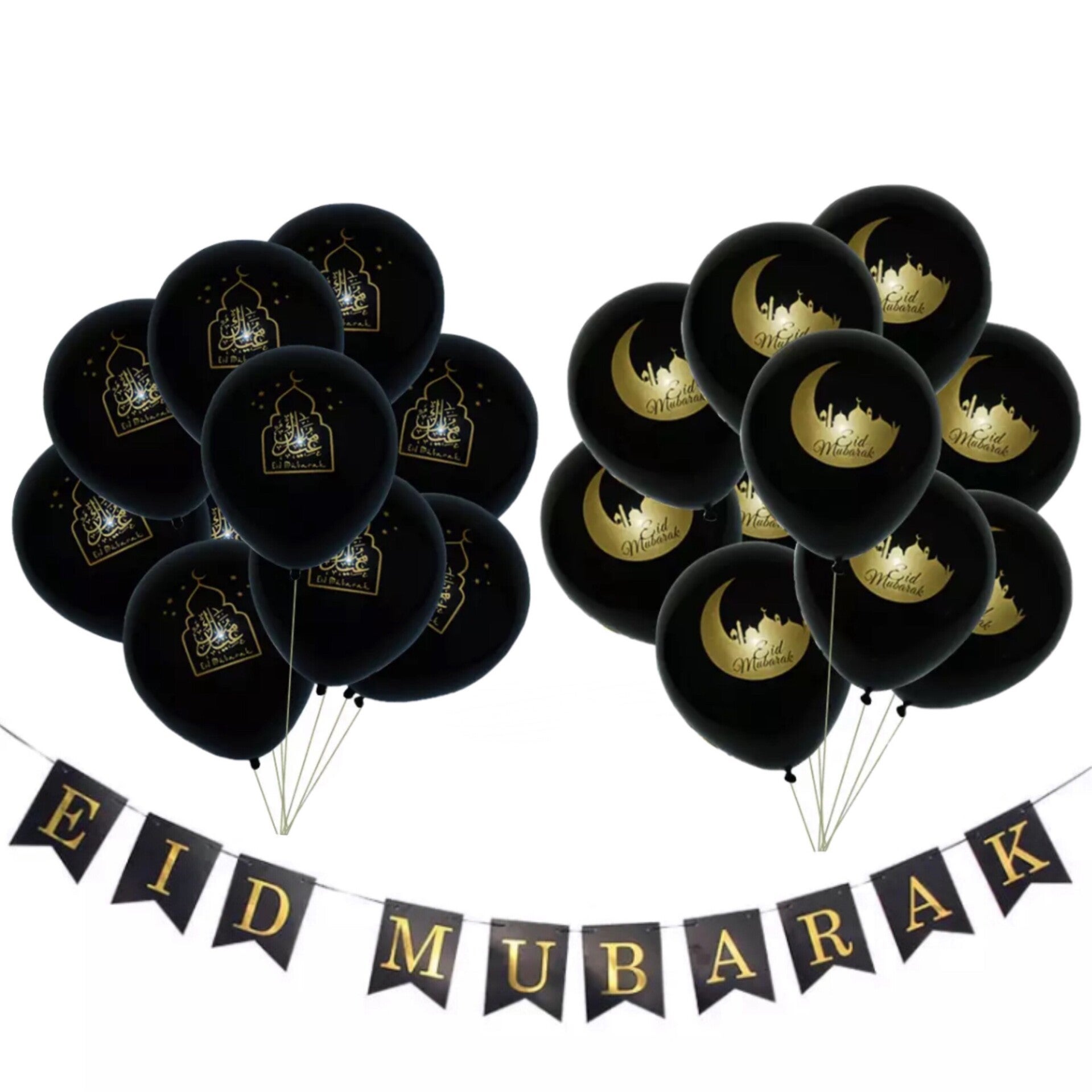 Eid Mubarak Deluxe Ballonnen Black & Gold + Slinger - 21 stuks