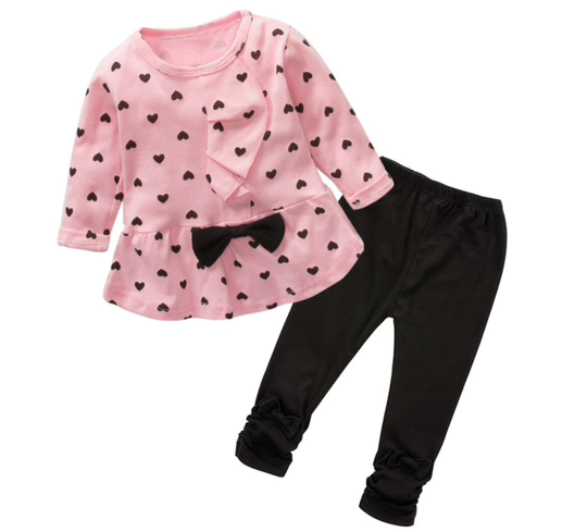2-Delig Kledingsset Hartjesprint | Lange Mouw Roze Broekje met Strikjes zwart