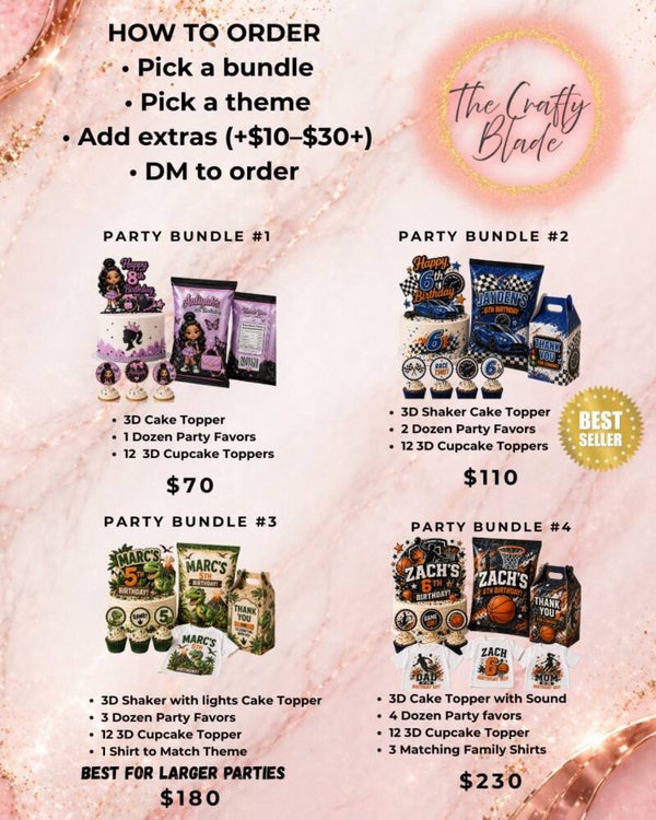 Custom Party Bundle – Favors, Toppers & Shirts
