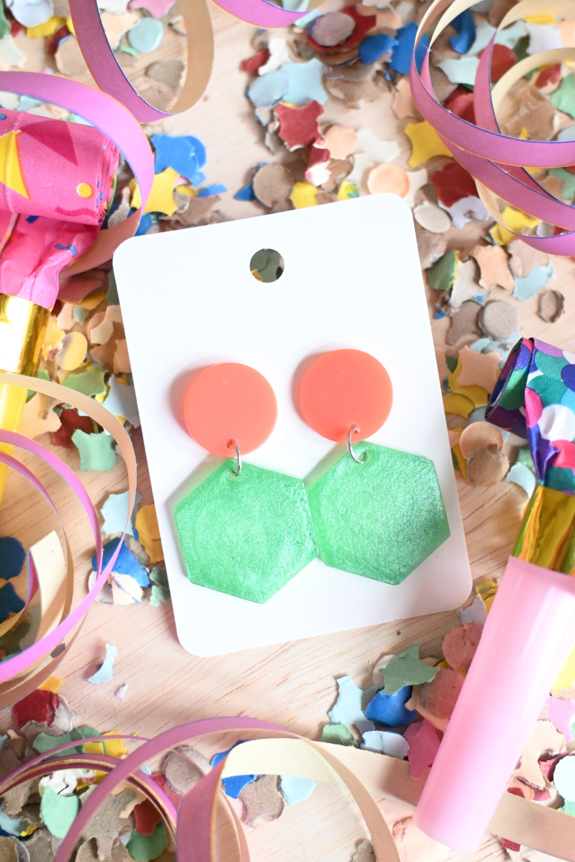 Crazy Color - Oorbellen - zeshoek - groen/oranje - Stainless Steel