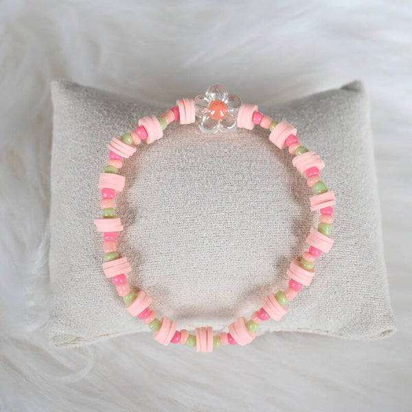 Armband - bloem - Peach/roze/groen - elastisch