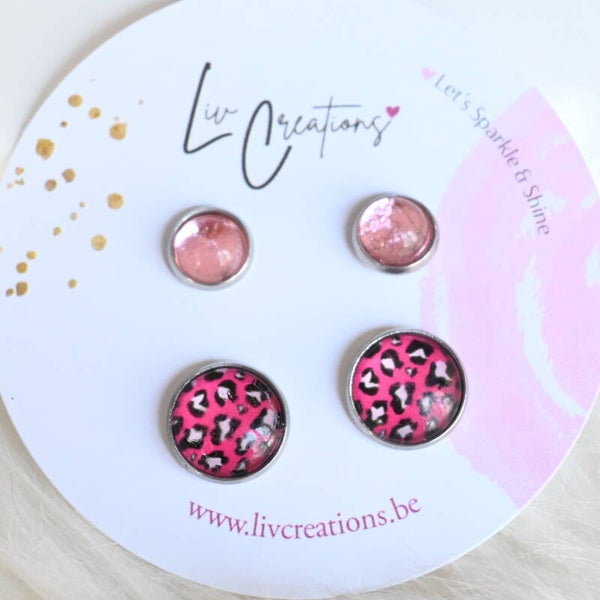 Pink Leopard Oorstekers Duo