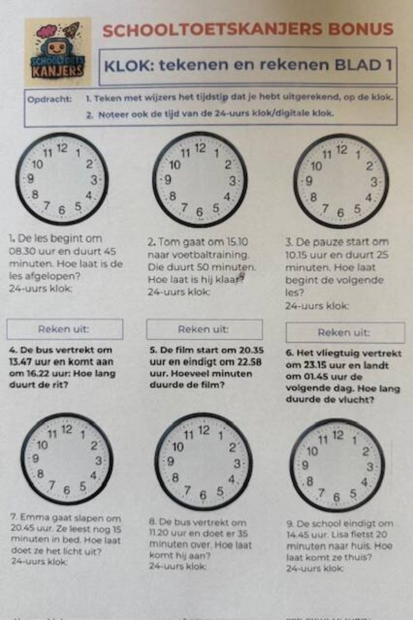 Bonus 5: klok en reken-oefeningen