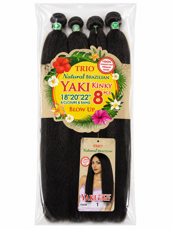 TRIO Natural Brazilian Yaki Kinky Blow Up – 8 PCS Human Hair Premium Blend