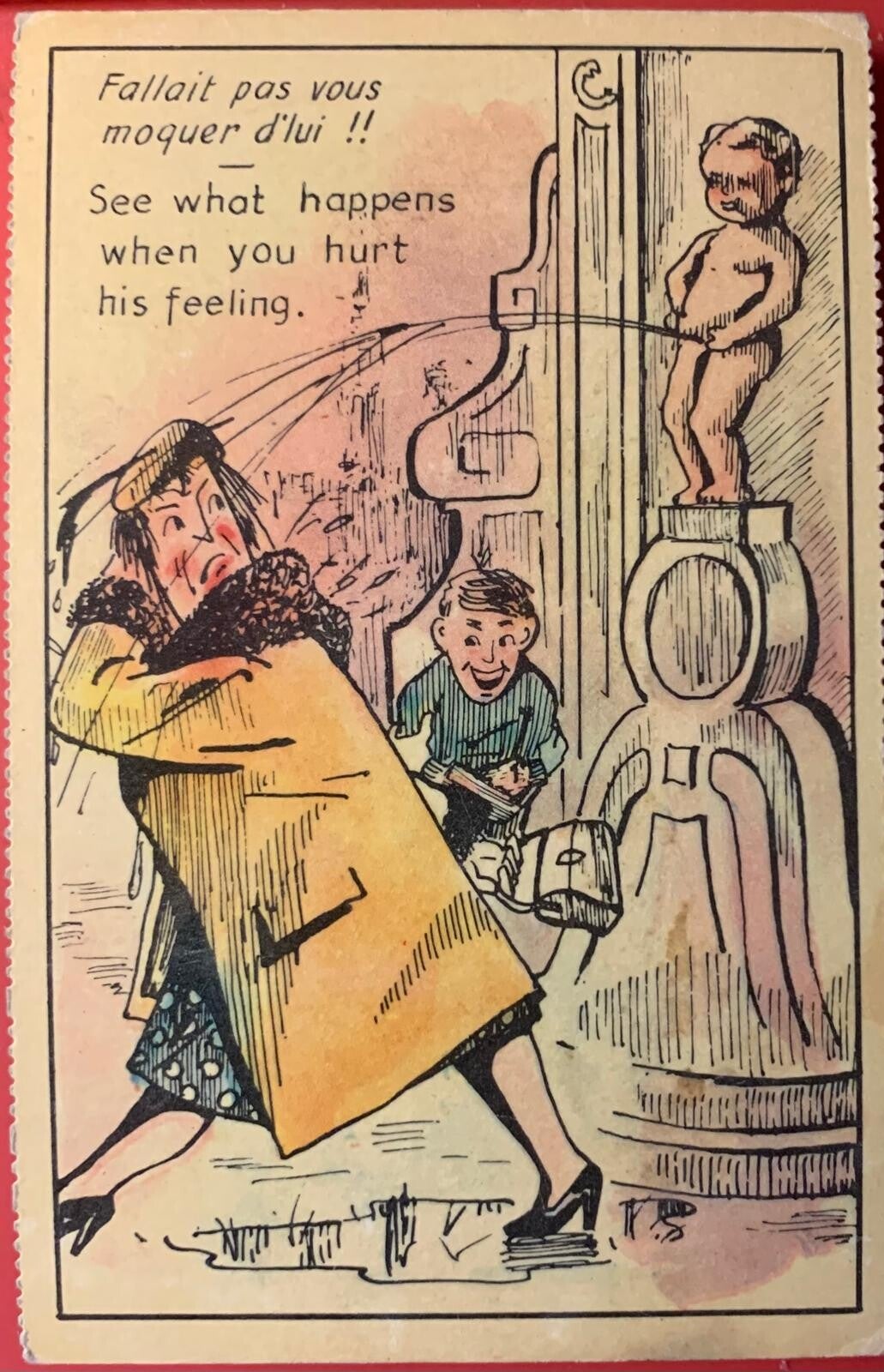 🇧🇪 CPA Humour Bruxelles Manneken Pis Manteau Jaune Moquerie Postcard Vintage