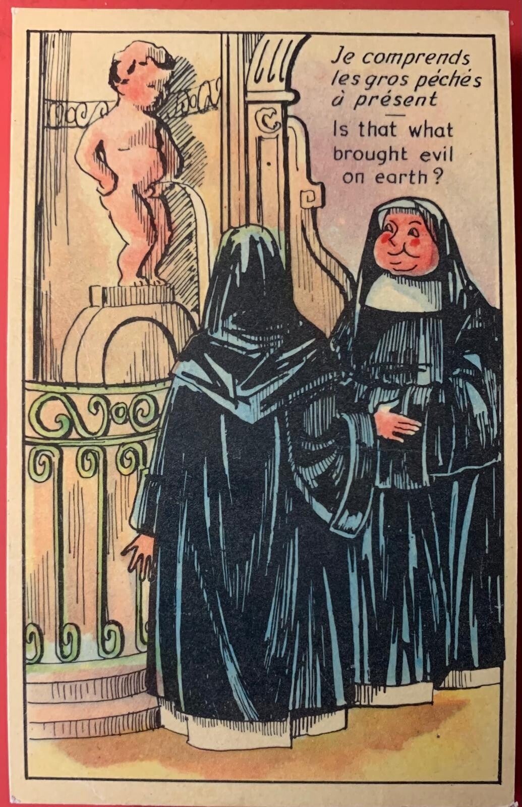 🇧🇪 CPA Humour Bruxelles Manneken Pis Religieuses Bonnes Sœurs Postcard Vintage