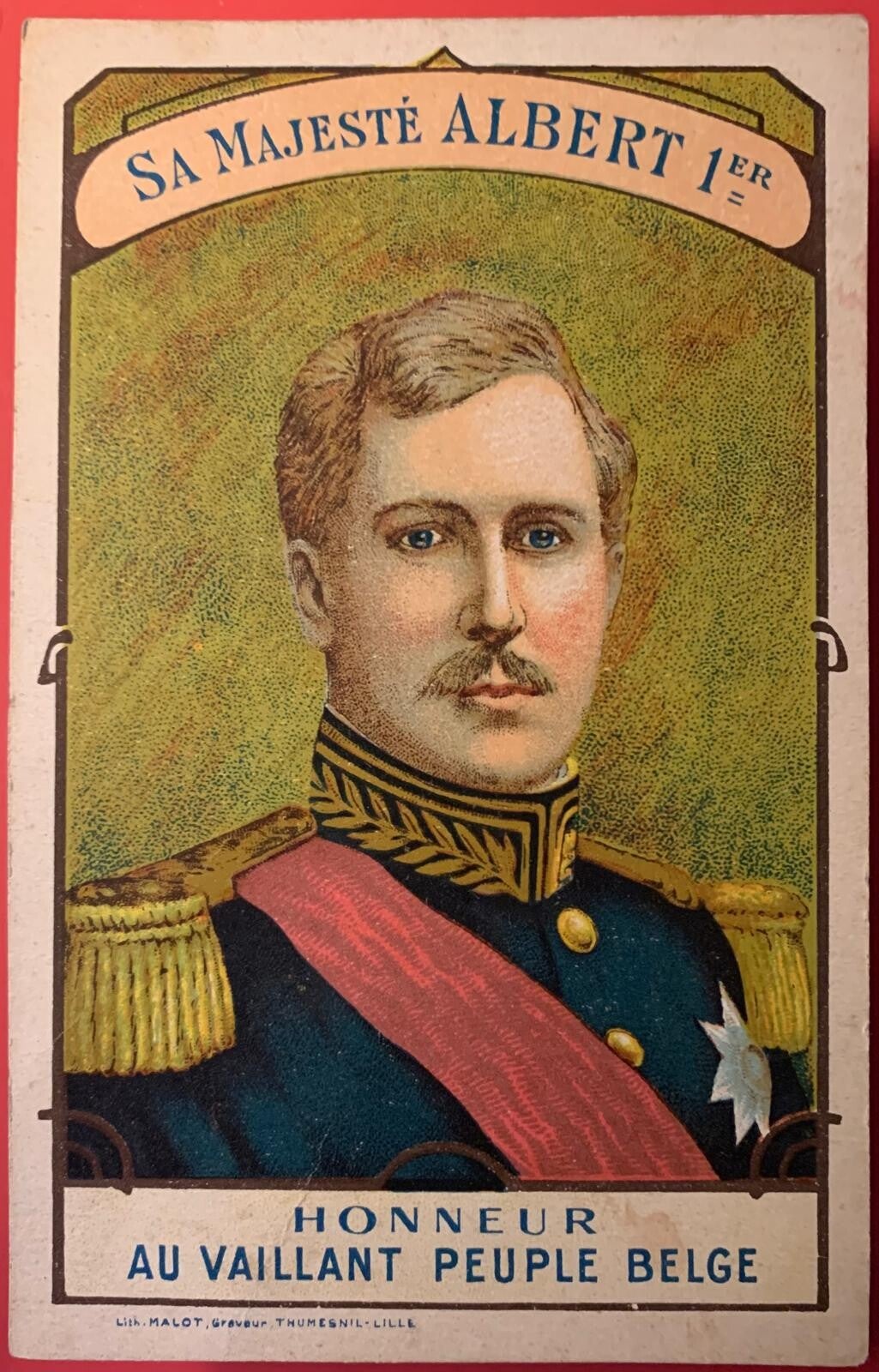 🇧🇪 BELGIUM – King Albert I "Honneur au Vaillant Peuple Belge" | WWI Patriotic Chromo Card
