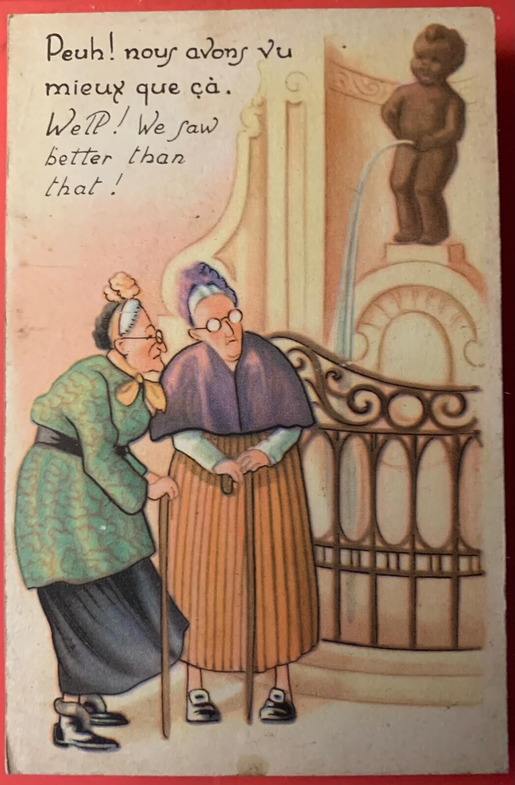 🇧🇪 CPA Humour Bruxelles Manneken Pis Vieilles Dames Moquerie Postcard Vintage