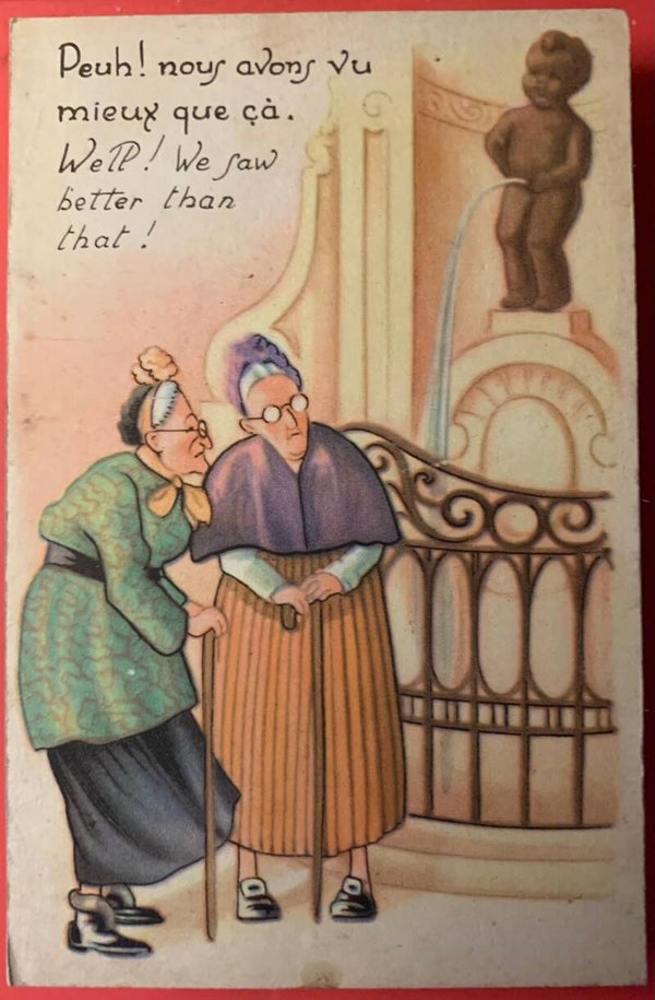 🇧🇪 CPA Humour Bruxelles Manneken Pis Vieilles Dames Moquerie Postcard Vintage