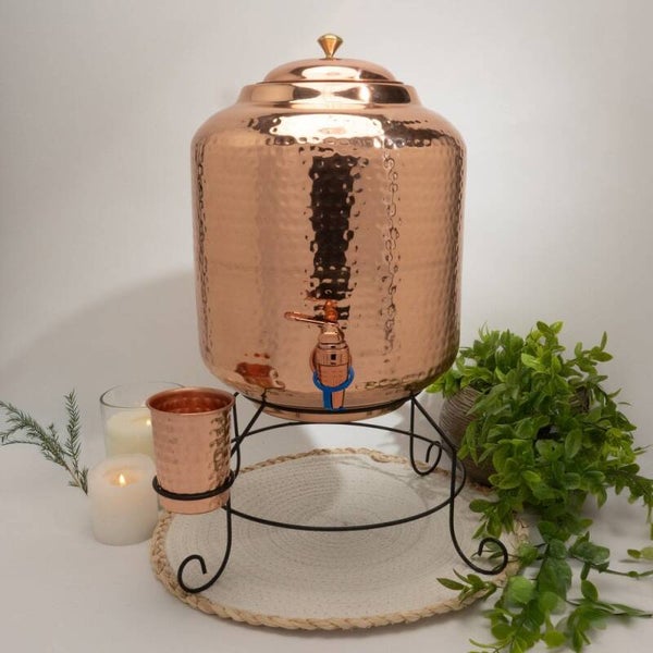 Puur Koperen Watertank (16 l) met standaard + 1 Beker (gehamerd)