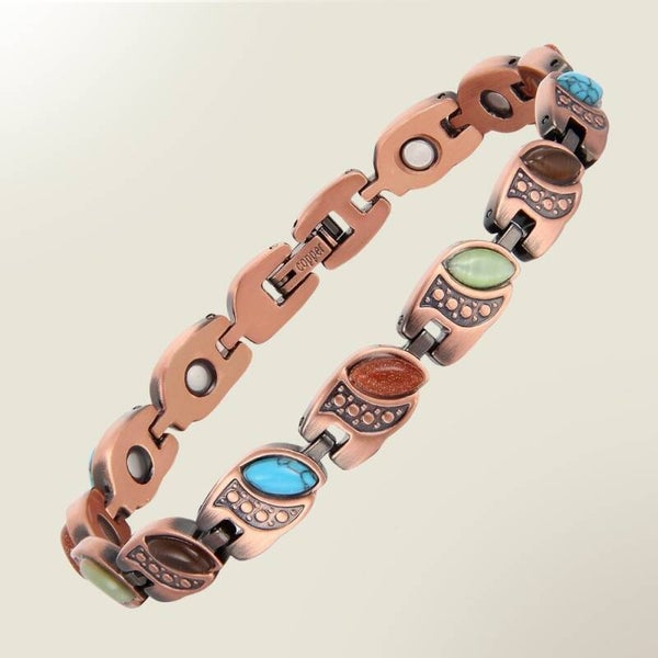 Luxe gezondheidsarmband magnetisch koper - stone gold sand, green jade, cat's eye, turquoise – 0,8 cm