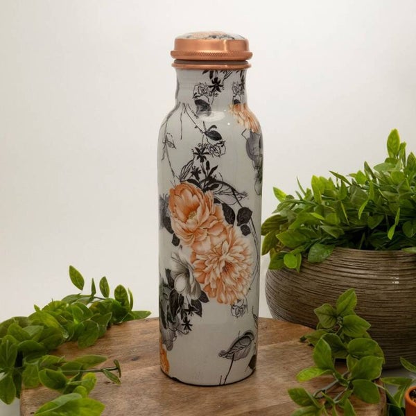 Puur koperen waterfles bloemenprint wit ± 750 ml (zware uitvoering)