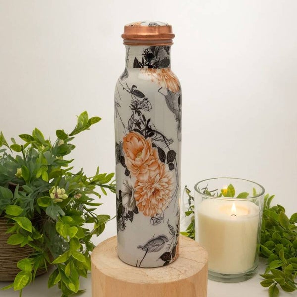 Puur koperen waterfles bloemenprint wit ± 950 ml (zware uitvoering)