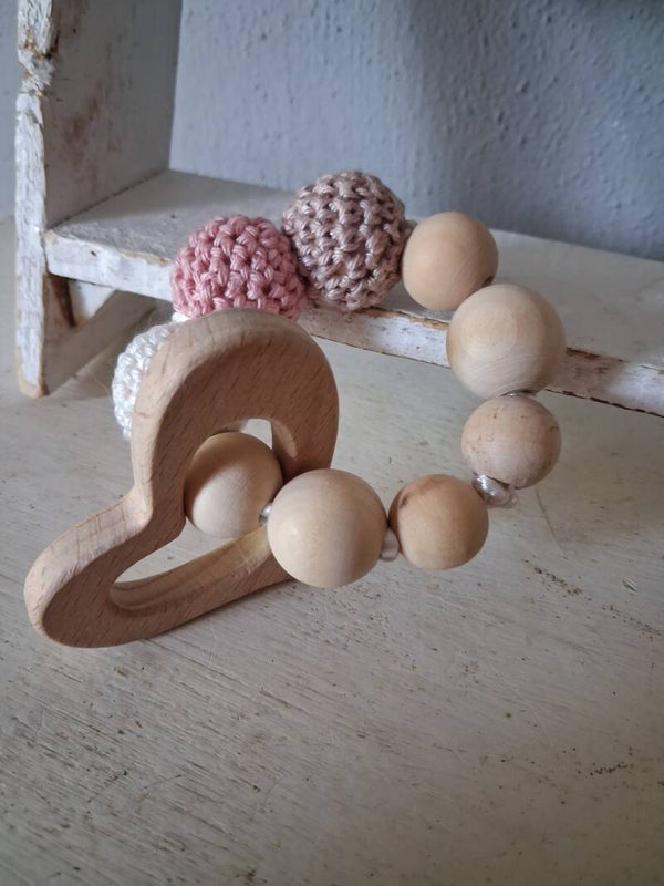 Kralenbijtring hart roze taupe