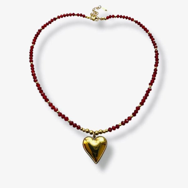 Granaatrood kralen ketting met hart