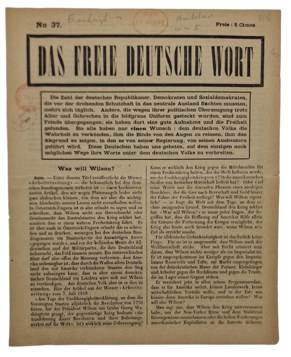 Original WW1 French Leaflet - Das Freie Deutsche Wort No. 37 (1918)