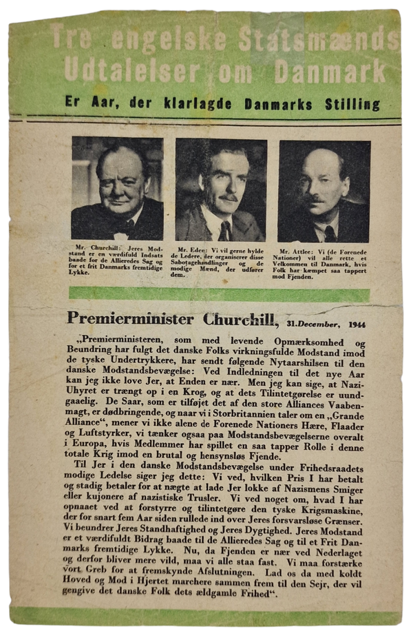 Original WW2 Danish Leaflet - D 10 Tre Engelske Statsmaends Udtalelser om Danmark (1944)