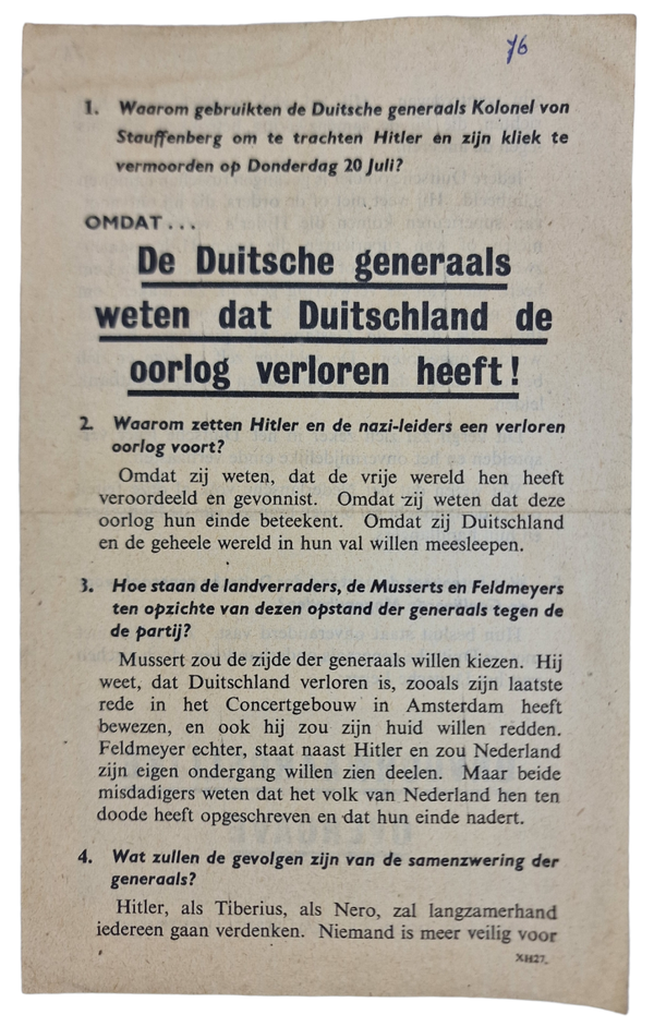 Original WW2 Dutch Leaflet - XH 27 ''De Duitsche generaals weten dat Duitschland de oorlog verloren heeft!'' (1944)